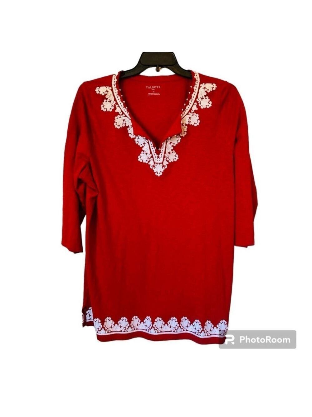 Talbots Red Long Sleeve Top with White Embroidery. size 2x